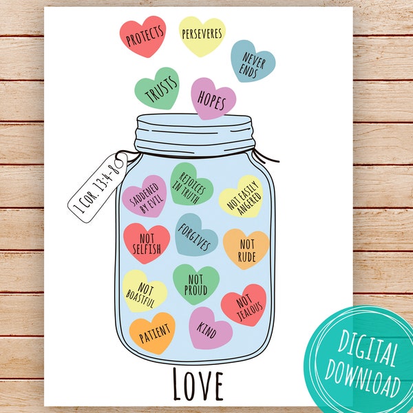 Love Paper Kids Craft, 1 Corinthians  13:4-8 Printable Craft Template Keepsake,Heart Art Craft 8.5x11",Digital Download PDF JPEG,DIY Craft