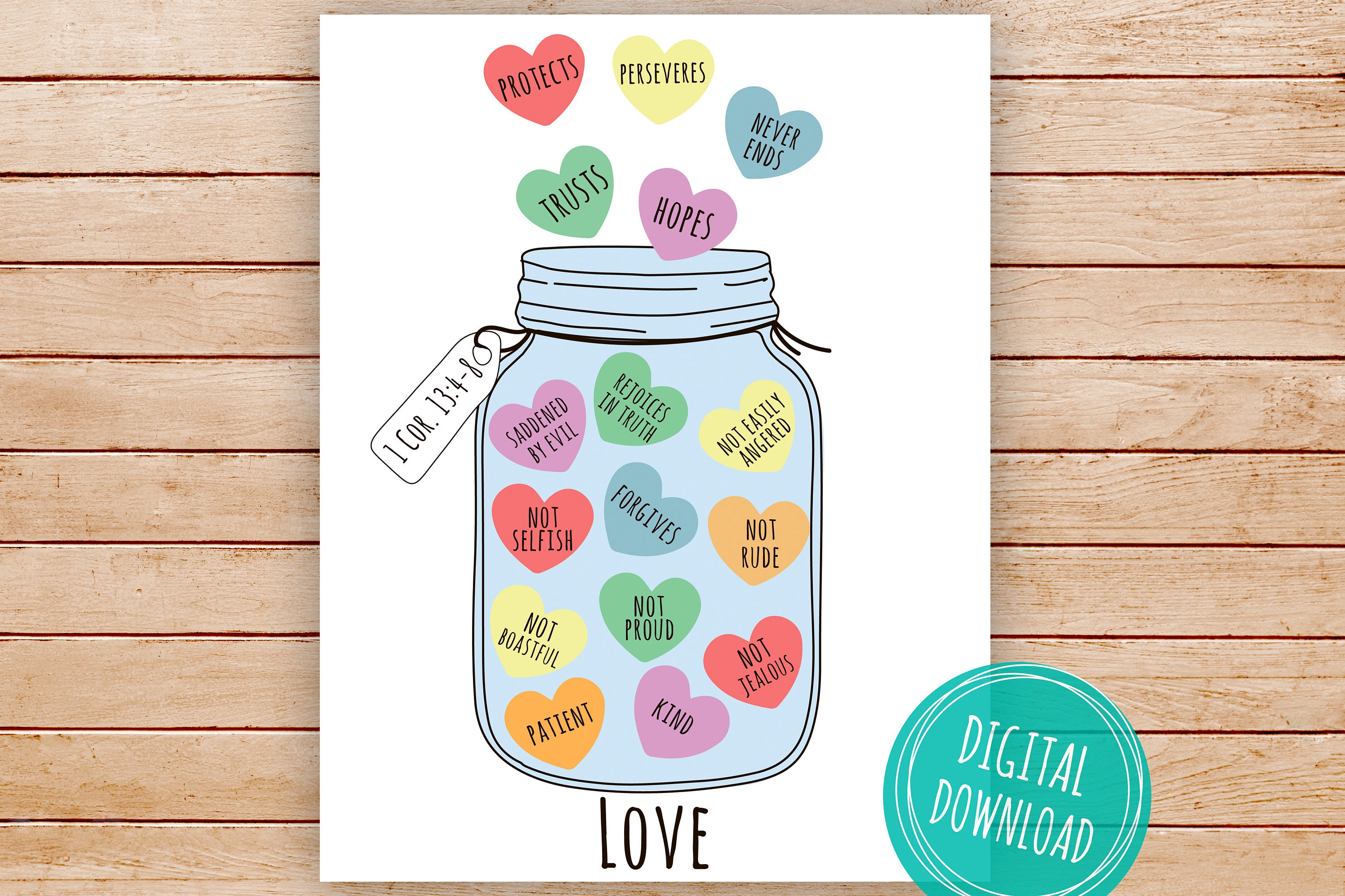 Love Paper Kids Craft, 1 Korintiërs 13:4-8 Afdrukbare ambachtelijke sjabloon aandenken, Heart Art Craft 8,5 x 11 inch, digitale download pdf-jpeg, doe-het-zelf ambacht
