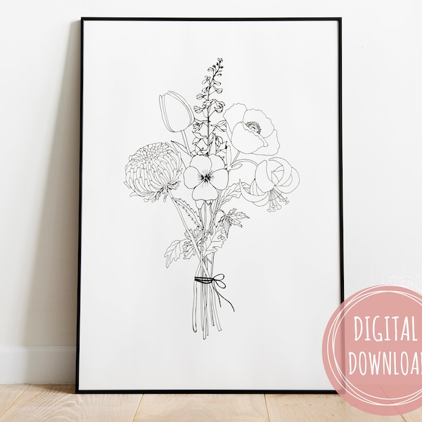 DIGITAL Custom Family Birth Flower Bouquet, 4-5 Flowers, Personalized Birth Month Flower Wall Art, Personalized Gifts For Mom, Mom Gift