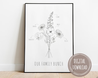 DIGITAL Custom Family Birth Flower Bouquet, Up to 6 Flowers, Personalized Birth Month Flower Wall Art, Personalized Gifts For Mom, Mom Gift