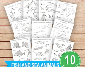 Puede incluir: Un conjunto de 10 páginas para colorear imprimibles con varios peces y animales marinos. Las páginas incluyen ilustraciones de tiburones, una ballena azul, peces de aguas profundas, peces de agua dulce y más. Las páginas están etiquetadas con los nombres de los animales y algunos datos interesantes sobre ellos.