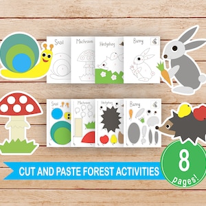 May include: Cut and paste forest animal activity sheets for kids.  The set includes 8 pages with activities for a snail, mushroom, hedgehog, and bunny.  The pages are printed in black and white.