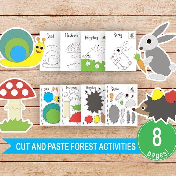 Printable Cut and Paste Activities, Forest Cut & Glue Sheets,Paper Kids Craft,8.5x11" PDF JPEG,DIY Craft,Activity For Kindergarten,Preschool