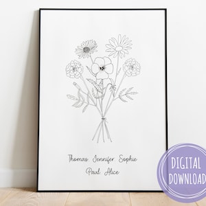 DIGITAL Custom Family Birth Flower Bouquet, Up to 5 Flowers, Personalized Birth Month Flower Wall Art, Personalized Gifts For Mom, Name Gift
