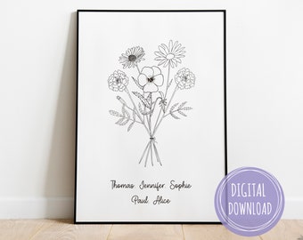 DIGITAL Custom Family Birth Flower Bouquet, Up to 5 Flowers, Personalized Birth Month Flower Wall Art, Personalized Gifts For Mom, Name Gift