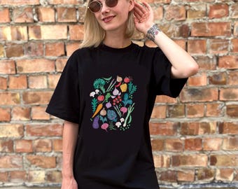 Camiseta de verduras - Camiseta de tomate y champiñones - Camiseta con estampado de verduras - Camiseta de mercado de agricultores - Camiseta extragrande