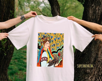 Ukrainian Folk Art Shirt - Oversized Boho Graphic Tee, Brave Woman Print