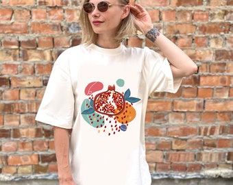 Abstract T-shirt, fruitshirt, esthetische kleding, comfortkleuren tshirt, trendy vintage blouse, Oekraïne winkel, granaatappel grafisch T-shirt