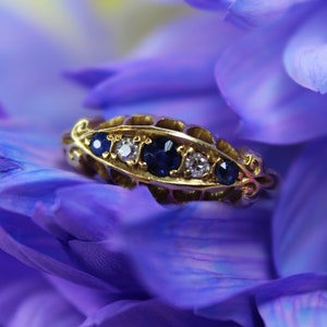 Early 20th Century 18ct Yellow Gold Sapphire and Diamond Boat Ring, Chester