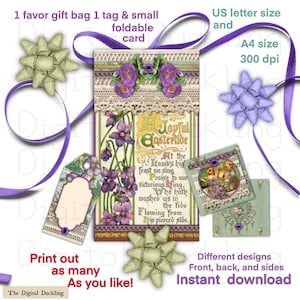 May include: A printable Easter card with a purple and green color scheme. The card features a floral design with a quote about the lamb's big feast. The card is available in US letter and A4 sizes at 300 dpi.