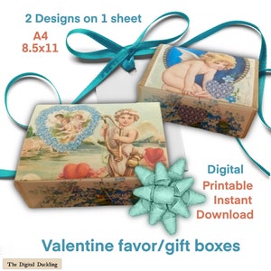 May include: Two printable designs for Valentine's Day favor or gift boxes. Each design features a vintage illustration of cherubs with hearts and flowers. The designs are printed on 8.5x11 inch paper.