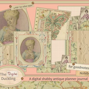 Puede incluir: Un planificador-diario digital con una estética de antigüedad desgastada. La portada presenta un collage de ilustraciones vintage, incluyendo retratos de mujeres, patrones florales y bordes decorativos. El texto "The Digital Duckling" y "A digital shabby antique planner-journal" son visibles en la portada. El texto "for goodnotes" y "Notebook" también son visibles.