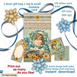 May include: Printable digital download of a vintage style Easter card featuring a girl in a blue dress with a basket of chicks. The card is decorated with blue forget-me-not flowers and a yellow umbrella. The card is available in US letter and A4 sizes at 300 dpi. The download includes a gift bag, tag, and a foldable card.