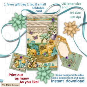 May include: Printable Easter gift bag, tag, and card featuring a basket of chicks and spring flowers. The design is in pastel colors with a vintage aesthetic. The text on the image reads "Print out as many as you like!"