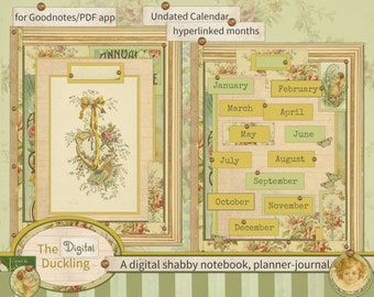 May include: A digital planner journal with a vintage aesthetic. The cover features a floral design with a gold anchor and a yellow ribbon. The inside pages include a calendar with hyperlinked months, labeled January through December.