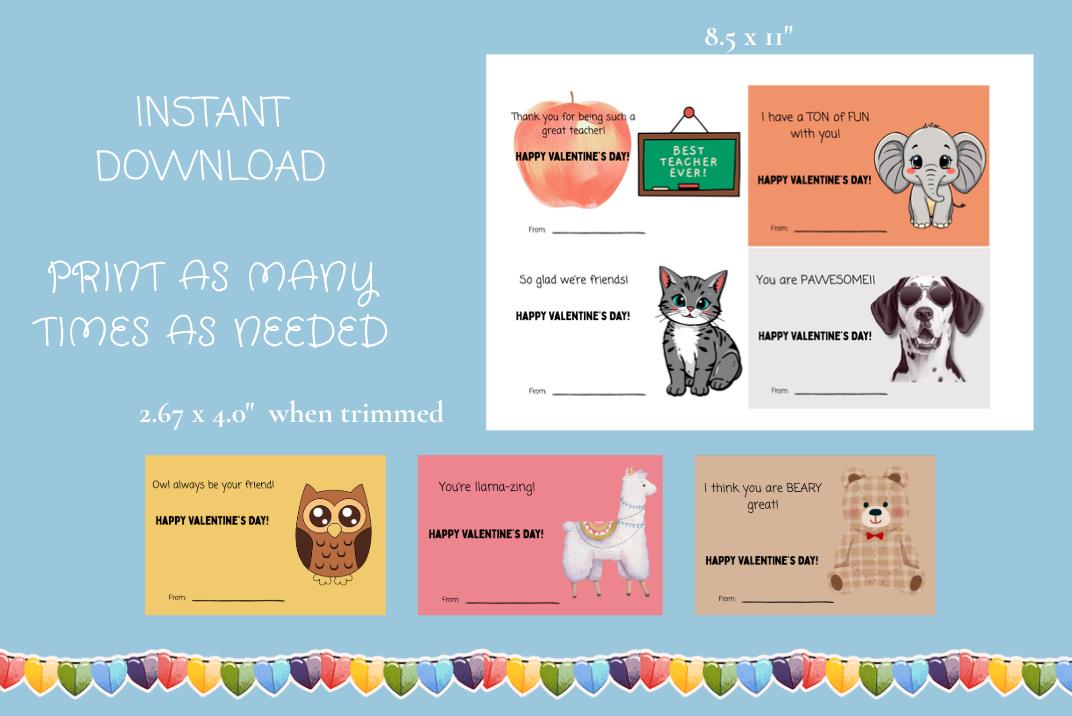 Animal Valentine Cards Printable for Kids, Classroom Valentines, Cute ...