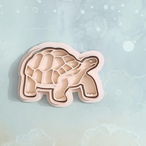 May include: A light pink, layered turtle-shaped object with a detailed shell design. The turtle has a three-dimensional effect, with multiple layers creating depth. The background is a soft, watercolour-style wash of blue and white.