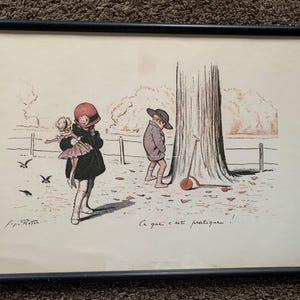 May include: A framed vintage-style illustration featuring a person in a dark coat and red hat holding a doll, while another person in a hat stands by a large tree with a small scooter. The text "Ce que c'est pratique!" is written at the bottom.