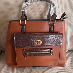 Brown Croc-Embossed Accent Structured Tote Handbag