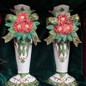 Vintage Christmas Classic Traditions Set of 2 Ceramic Candle Holders
