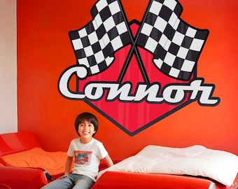 Race to The Finish Personalized Wall Decal with Checkered Flags - Racing Wall Art for Kids Room Decor