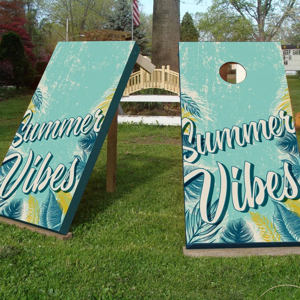 Summer Vibes Cornhole Vinyl Wrap Aufkleber Aufkleber 3D-Textur einzeln – laminiert – Haut-Vinyl-Aufkleber im BQQ-Stil für Cornhole Boards Beach