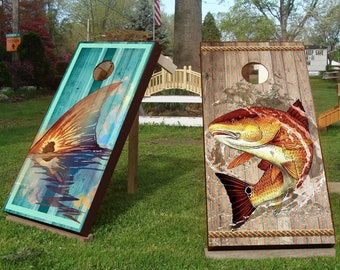 Red Fish Ocean RedFish Tailing Boat Cornhole Boards Wrap Decal Sticker 3D Texture Single - Laminated - Skin Custom Vinyl Cornhole Board
