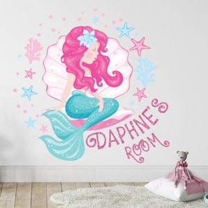 Little Mermaid Wall Decal Decor for Girls Bedroom - Large Mermaid Tail Stickers for Room Decor - Custom Name Pink Decal for Girls Room Baby