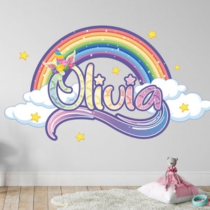 Rainbow Unicorn Custom Name Wall Decals Unicorn Wall Decal Room Decor for Girls Bedroom Unicorn Sticker Rainbow Nursery Decor Wall Art image 1