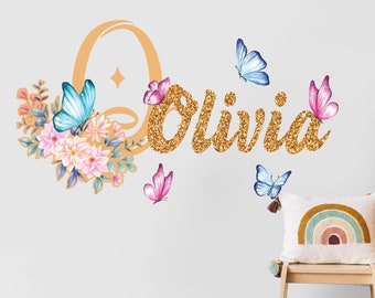 Flowers Butterfly Wall Decal Custom Name Wall Decal for Girls - Flower Wall Decals Art - Baby Wall Decal - Flower Wall Stickers