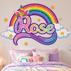 Custom Name Rainbow Unicorn Wall Decal - Girls Bedroom Nursery Sticker - Personalized Kids Room Decor Art