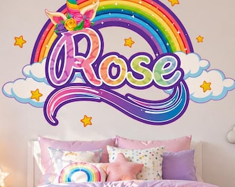 Custom Name Rainbow Unicorn Wall Decal - Girls Bedroom Nursery Sticker - Personalized Kids Room Decor Art