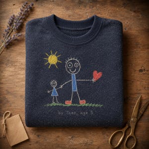 Pode incluir: Uma camisola azul-marinho de gola redonda com um desenho infantil colorido de duas figuras de mãos dadas, um sol amarelo e um coração vermelho. O design inclui o texto "by Theo, age 5" bordado a fio branco por baixo das figuras.