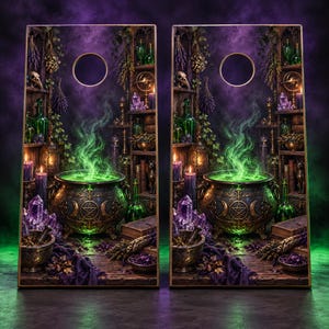May include: A pair of rectangular cornhole boards featuring a printed graphic of a dark room with shelves, a central black cauldron emitting green smoke, purple crystals, lit candles, and dried herbs against a deep purple and black background.