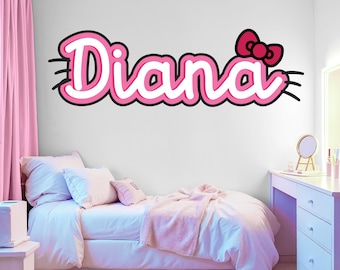 Kitty Bow Name Wall Decal Girls Room Personalized Pink Script Vinyl Sticker Removable Peel Stick Bedroom Decor