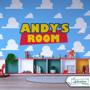 May include: A child's room with a blue sky and white cloud wallpaper. The words "ANDY'S ROOM" are displayed in yellow and red. A shelf unit holds books, toys, and a potted plant. A wooden rocking horse is on the floor.
