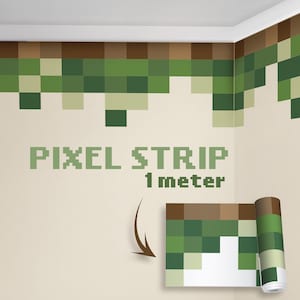 May include: Pixel strip wall decor in shades of green and brown, with the text "PIXEL STRIP 1 meter". The design features a pixelated pattern, with a rolled-up section of the decor shown at the bottom right.