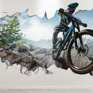 Pode incluir: Um ciclista de montanha com capacete e montando uma bicicleta de montanha azul e preta através de uma paisagem rochosa. A cena é representada como um buraco em uma parede branca.