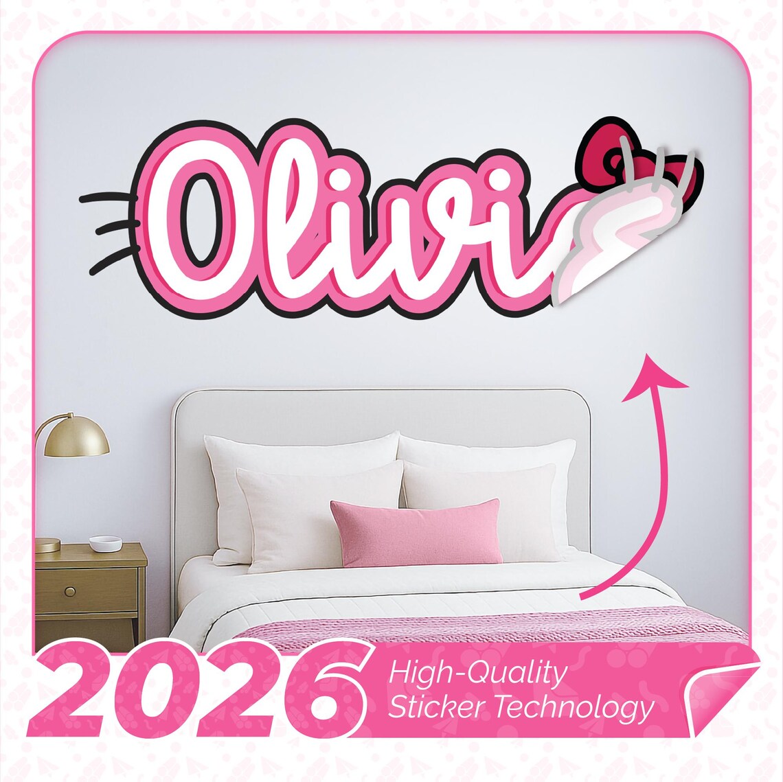 Kitty Bow Name Wall Decal Girls Room Personalized Pink Script Vinyl ...