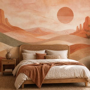 Boho-Wüsten-Wandbild, selbstklebende Tapete, abnehmbares Wandbild „Terrakotta Canyon Sun“, individuelle Größe, Akzentwanddekoration im Mid-Century-Stil