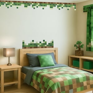 May include: A bedroom with a Minecraft theme. The bed has a green and brown pixelated blanket and a green pillow. The walls have pixelated green and brown borders. A lamp and nightstand are on the left.