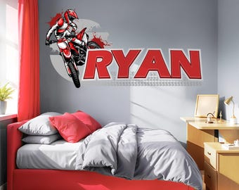 Sticker mural nom motocross pour chambre de garçon – Sticker vinyle personnalisé moto cross avec motif traces de pneus – Décoration de chambre facile à coller