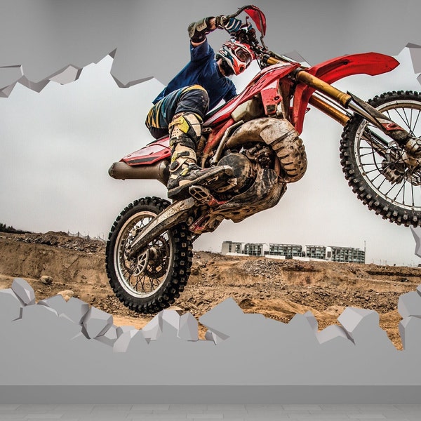 Calcomanía de pared de motocross - Decoración de arte de motocross - Arte de maniobras de bicicleta 3d - Sala de estar de motocicletas - Arte de pared de motocross - Pegatinas de bicicleta vinilo 3d