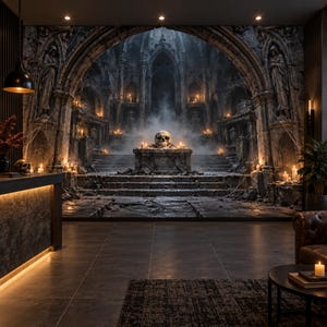 Puede incluir: Un gran mural de pared que representa el interior de una catedral gótica de piedra oscura con un altar central, un cráneo humano y velas parpadeantes. La escena presenta arquitectura de piedra arqueada, estatuas en nichos y niebla.