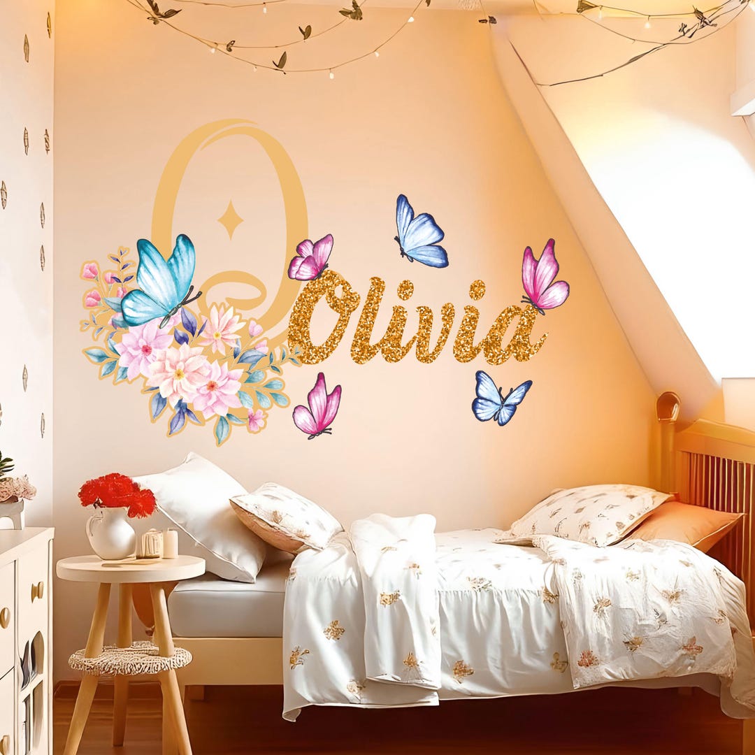 Whimsical Floral Butterfly Custom Name Decal - Personalized Dreamy ...