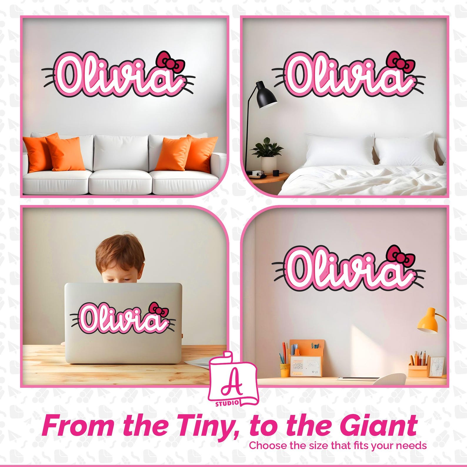 Kitty Bow Name Wall Decal Girls Room Personalized Pink Script Vinyl ...