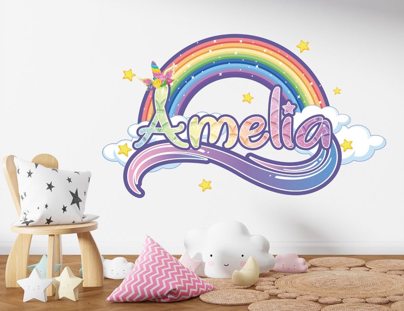 Rainbow Unicorn Custom Name Wall Decals Unicorn Wall Decal Room Decor for Girls Bedroom Unicorn Sticker Rainbow Nursery Decor Wall Art image 3