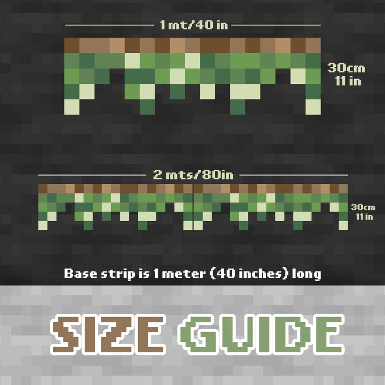 May include: A pixelated size guide showing two decorative strips. The top strip is 40 inches long, and the bottom strip is 80 inches long. Both strips are 11 inches high. The text "SIZE GUIDE" is at the bottom.