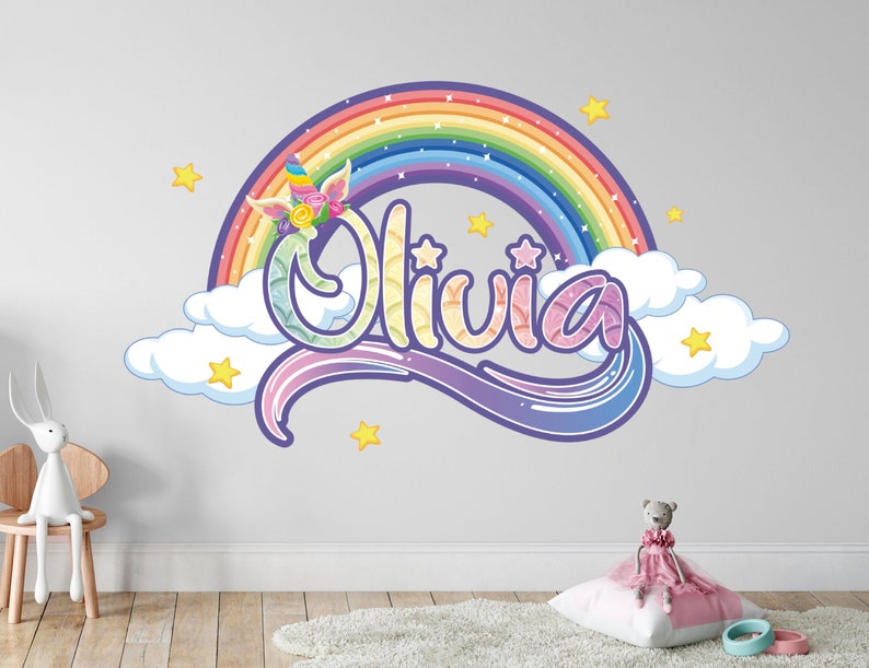 Rainbow Unicorn Custom Name Wall Decals Unicorn Wall Decal Room Decor for Girls Bedroom Unicorn Sticker Rainbow Nursery Decor Wall Art image 1