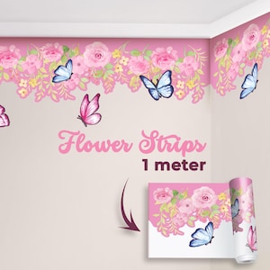 Floral Wall Border Sticker Strip – 1 Meter Flower Pattern Decal with Butterflies – Kids Room Nursery Wall Decor – Peel and Stick Removable